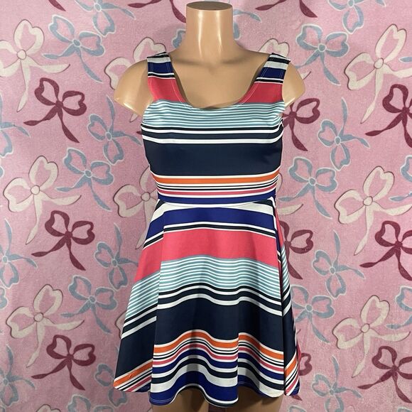 Y2K Derek Heart Size Medium Juniors Multi-color Striped Skater Dress - Picture 1 of 7